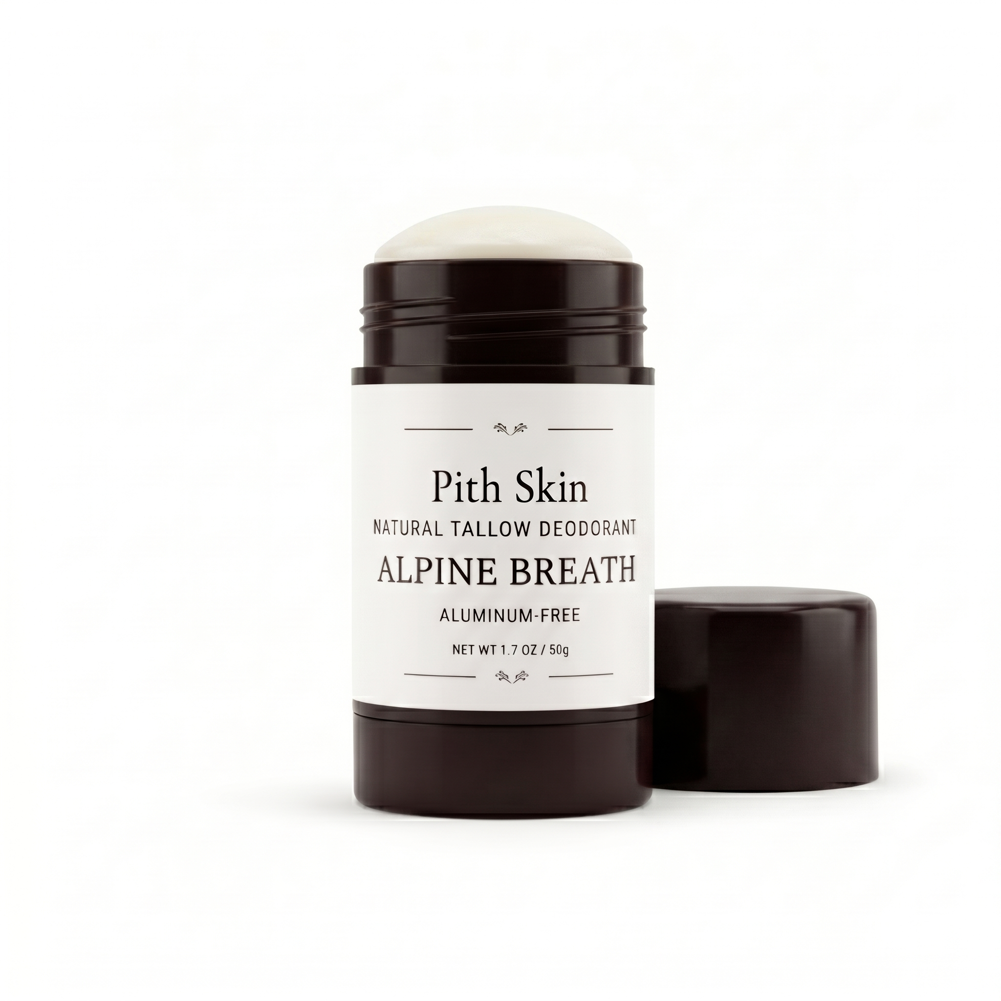 Pith Skin Alpine Breath Natural Tallow Deodorant uncapped, showing the cream-colored alpine-scented tallow stick