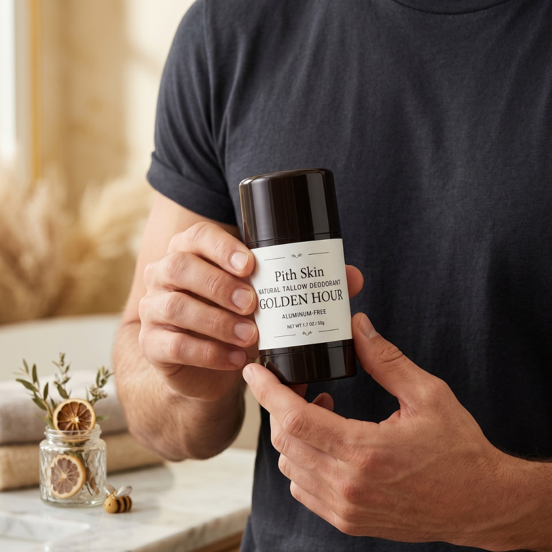 Pith Skin Golden Hour tallow deodorant lifestyle shot, citrus-scented aluminum-free formula